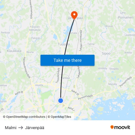 Malmi to Järvenpää map