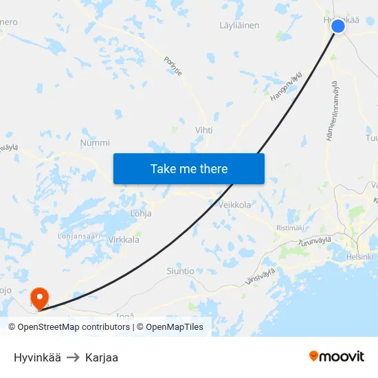 Hyvinkaa to Karjaa map