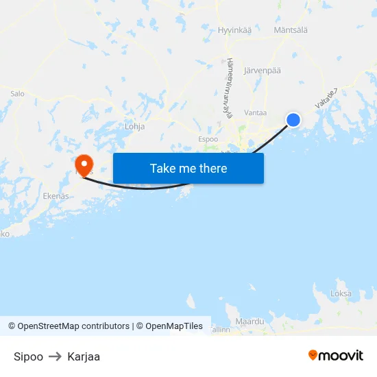Sipoo to Karjaa map