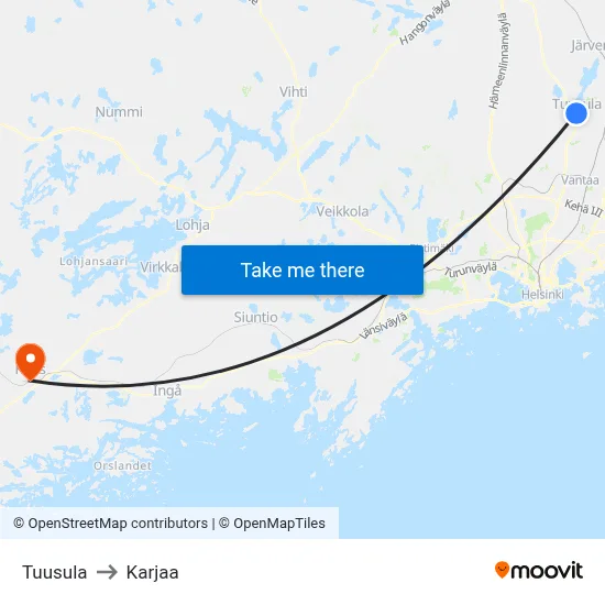 Tuusula to Karjaa map