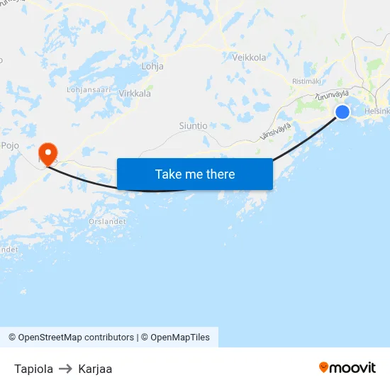 Tapiola to Karjaa map