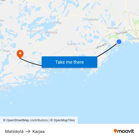 Matinkylä to Karjaa map