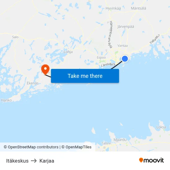 Itäkeskus to Karjaa map