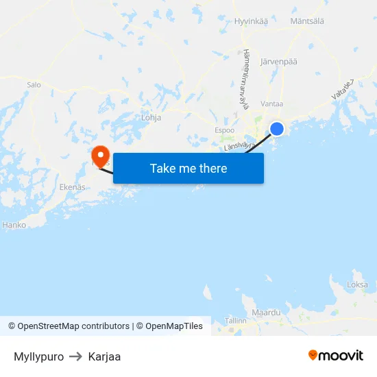 Myllypuro to Karjaa map