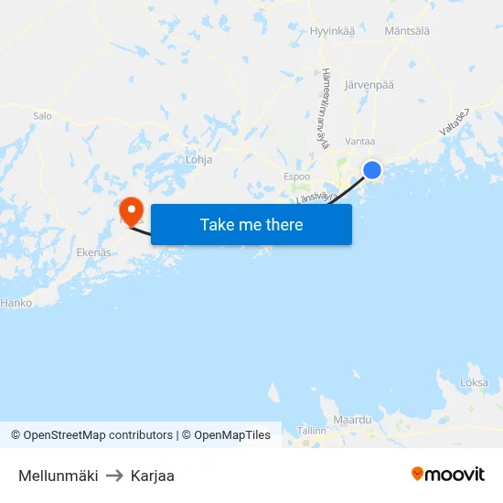 Mellunmäki to Karjaa map