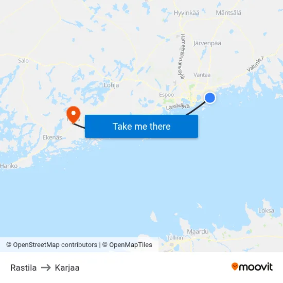 Rastila to Karjaa map