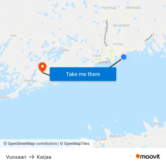 Vuosaari to Karjaa map