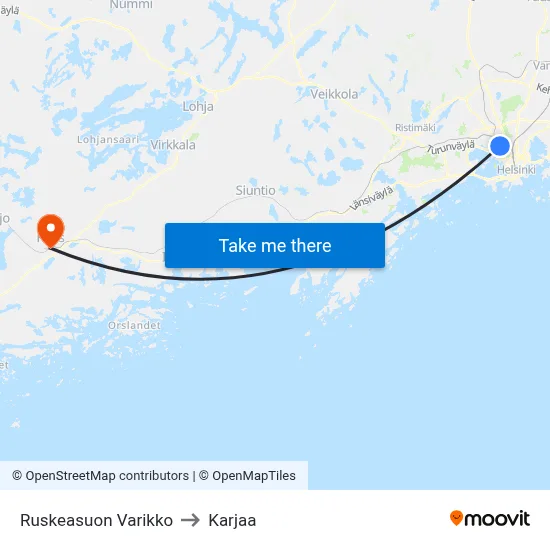 Ruskeasuon Varikko to Karjaa map
