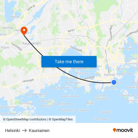 Helsinki to Kauniainen map