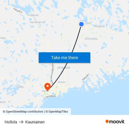 Hollola to Kauniainen map