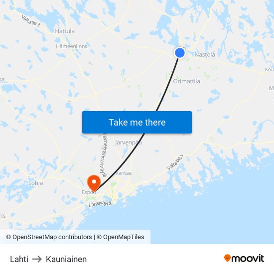 Lahti to Kauniainen map