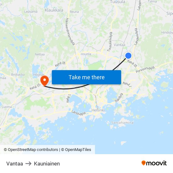 Vantaa to Kauniainen map