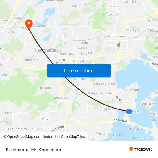 Keilaniemi to Kauniainen map