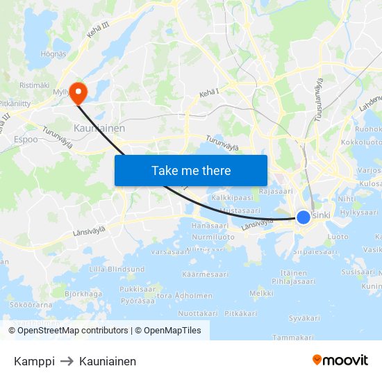 Kamppi to Kauniainen map