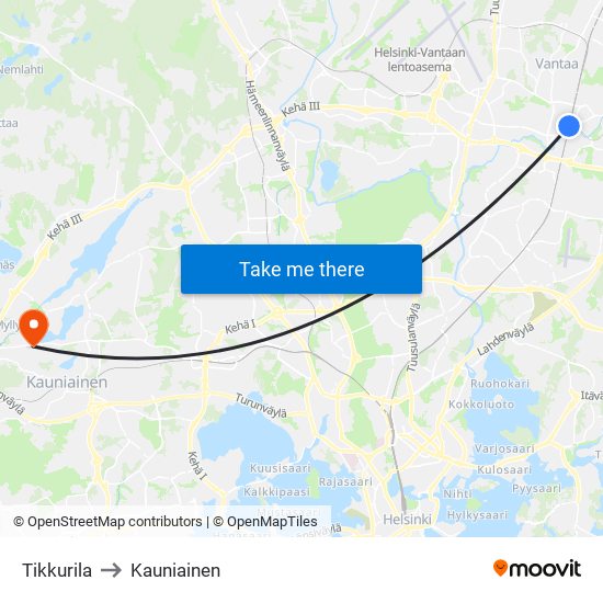 Tikkurila to Kauniainen map