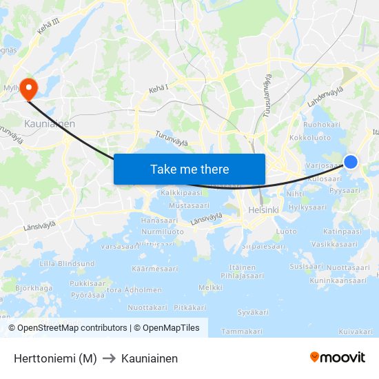 Herttoniemi (M) to Kauniainen map