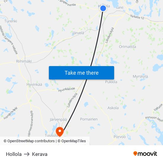 Hollola to Kerava map