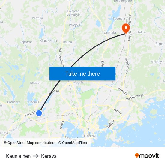 Kauniainen to Kerava map