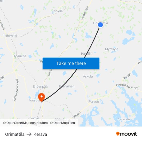 Orimattila to Kerava map