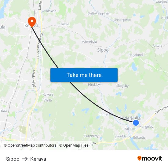 Sipoo to Kerava map