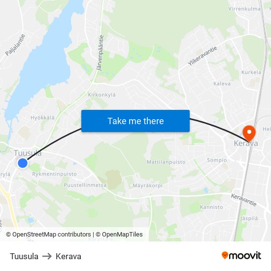 Tuusula to Kerava map