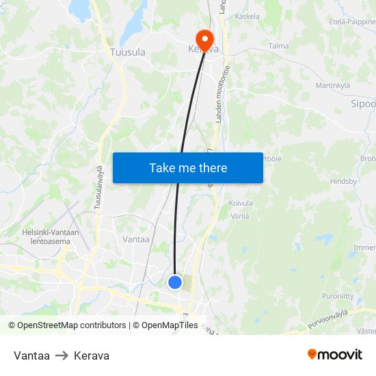 Vantaa to Kerava map