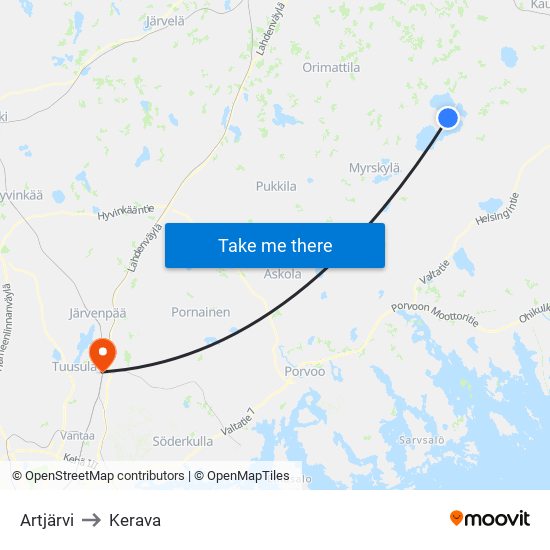 Artjärvi to Kerava map