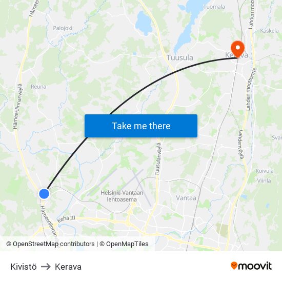 Kivistö to Kerava map