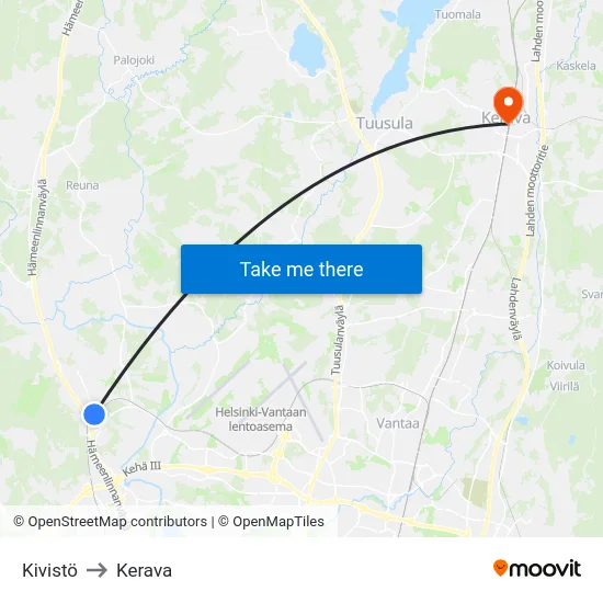 Kivistö to Kerava map