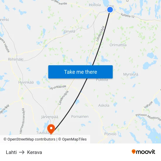 Lahti to Kerava map
