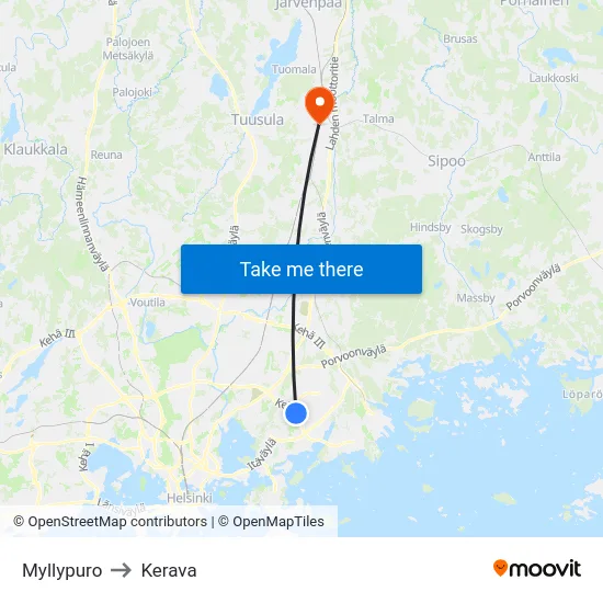 Myllypuro to Kerava map