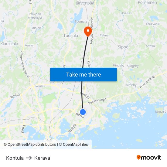 Kontula to Kerava map