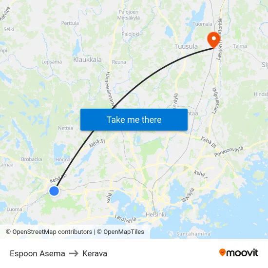 Espoon Asema to Kerava map