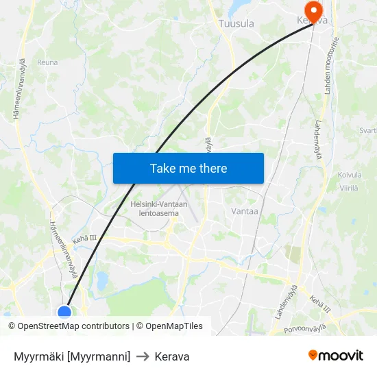 Myyrmäki [Myyrmanni] to Kerava map