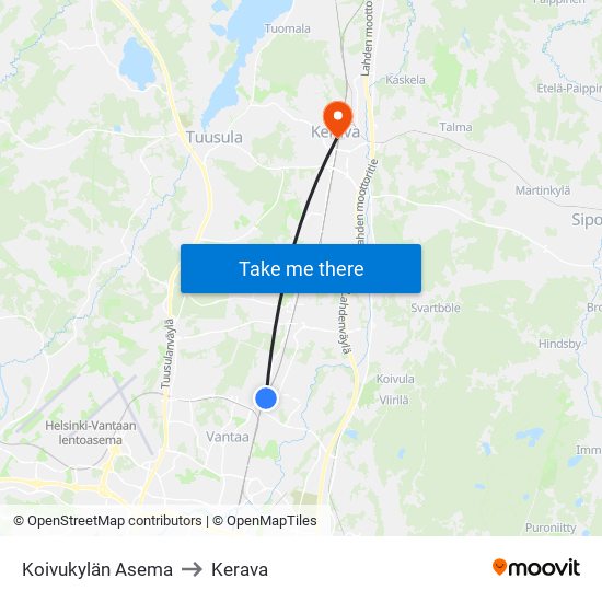 Koivukylän Asema to Kerava map