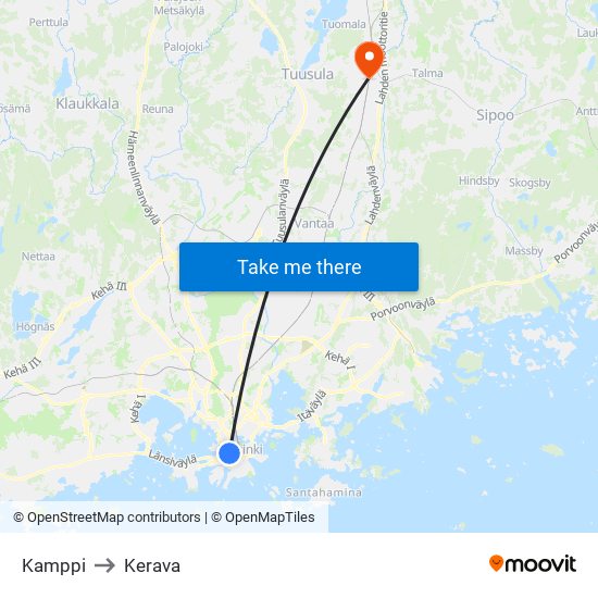 Kamppi to Kerava map