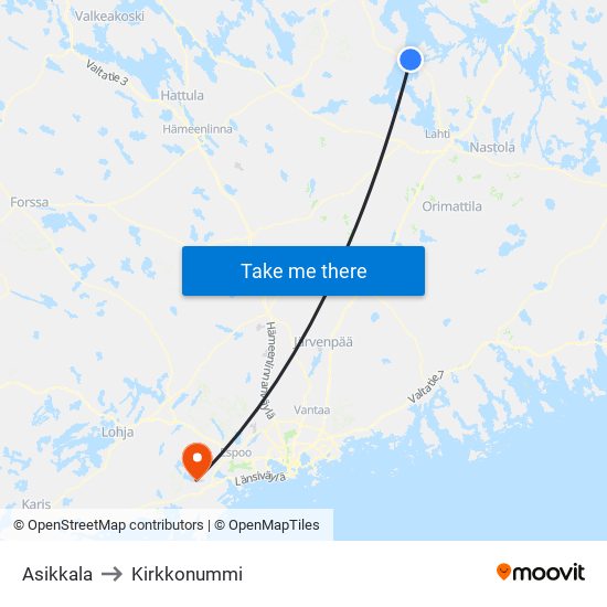 Asikkala to Kirkkonummi map