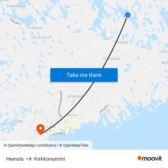 Heinola to Kirkkonummi map