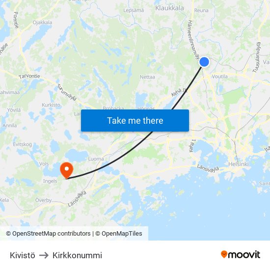 Kivistö to Kirkkonummi map