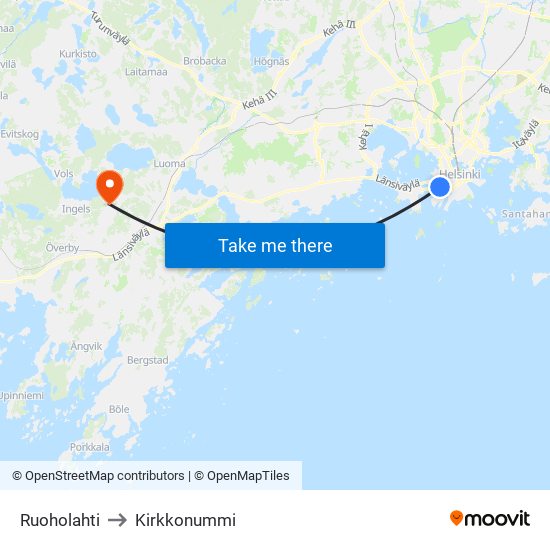 Ruoholahti to Kirkkonummi map