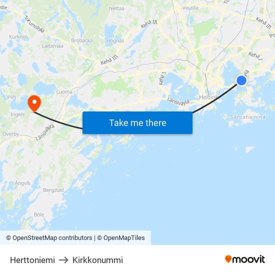 Herttoniemi to Kirkkonummi map