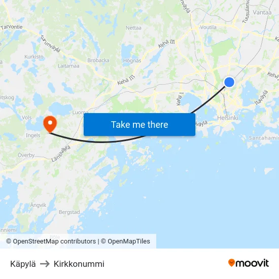 Käpylä to Kirkkonummi map