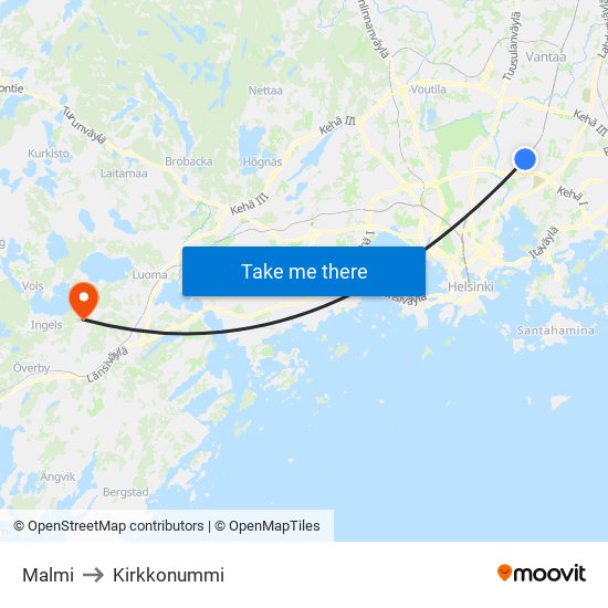 Malmi to Kirkkonummi map