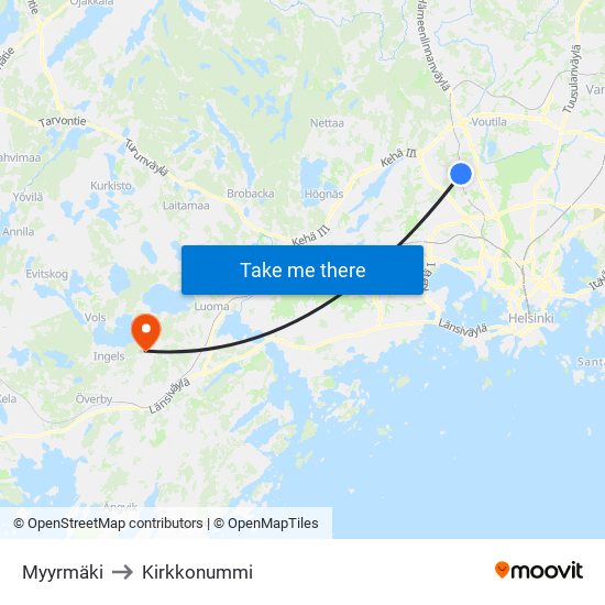 Myyrmäki to Kirkkonummi map