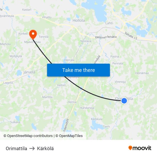 Orimattila to Kärkölä map