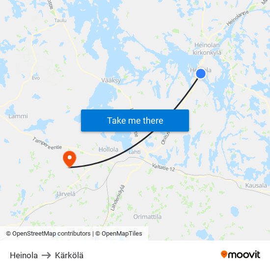 Heinola to Kärkölä map