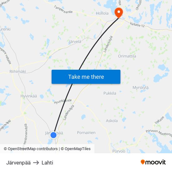 Järvenpää to Lahti map