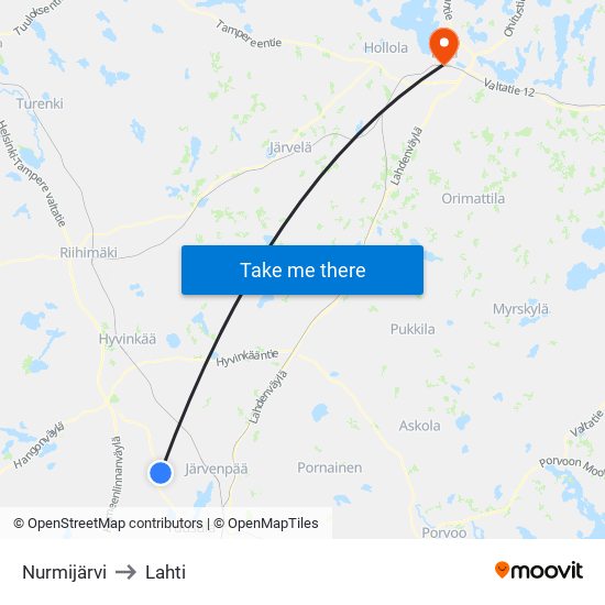 Nurmijärvi to Lahti map