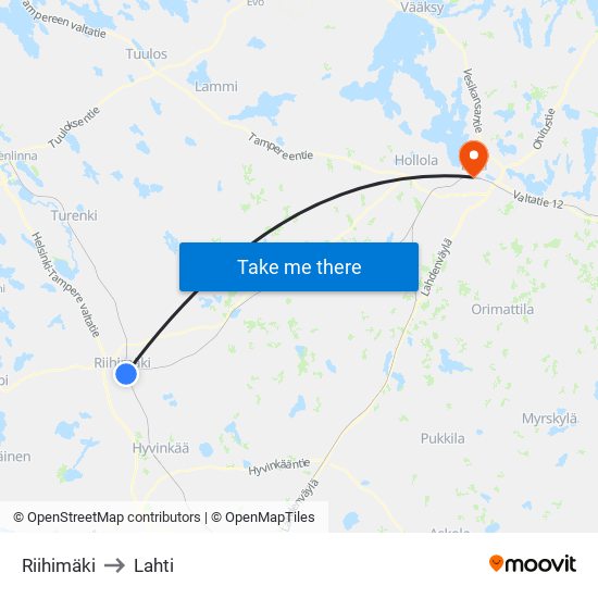 Riihimäki to Lahti map