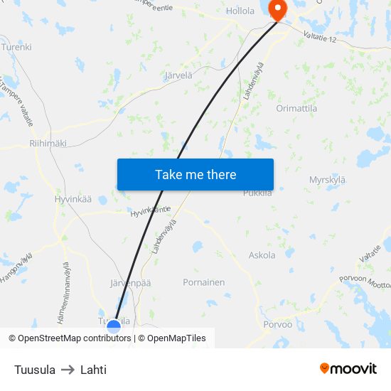 Tuusula to Lahti map